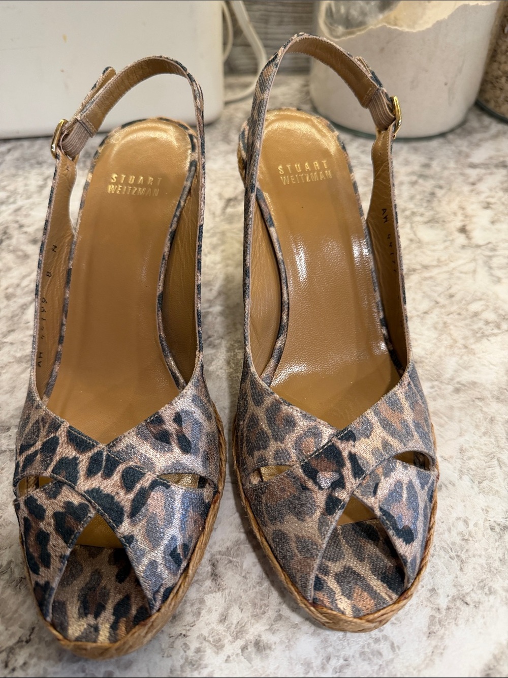 Stuart Weitzman Leopard-Print Slingback Wedge Sandals - Tan/Black